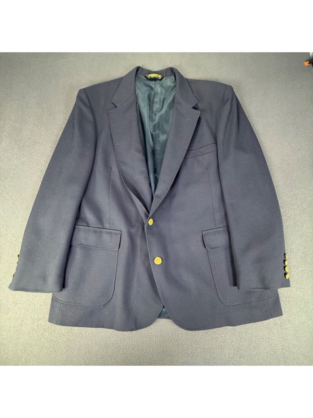 American Trend Mens 48R Navy Blue Blazer Gold Crest Buttons Two Button Jacket
